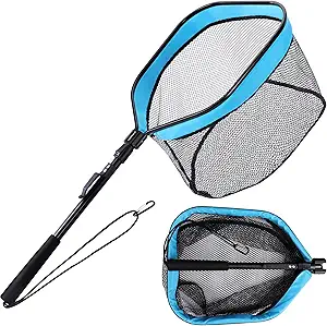 Floating Fishing Net, Fishing Landing Net with Collapsible Telescopic Pole Handle, Rubber Coated Mesh Folding Fly Fish Net for Salmon Steelhead Bass Trout Walleye Kayak, Fresh Salt Water