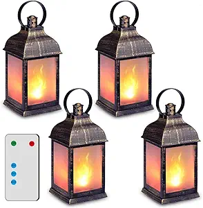 11" Vintage Style Decorative Lantern,Flame Effect LED Lantern,(Golden Brushed Black,Timer) Indoor Lanterns Decorative,Outdoor Hanging Lantern ZKEE (Set of 4)